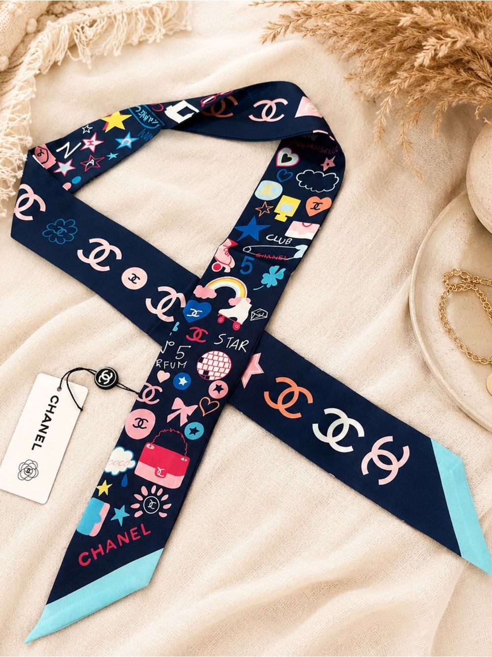 Designer Inspired Navy Silk Twilly Scarf | Pink & Blue Hair Scarf | Purse Ribbon